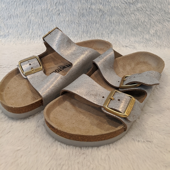 Birkenstock Shoes - Birkenstock Arizona Washed Metallic Silver NWOT 38